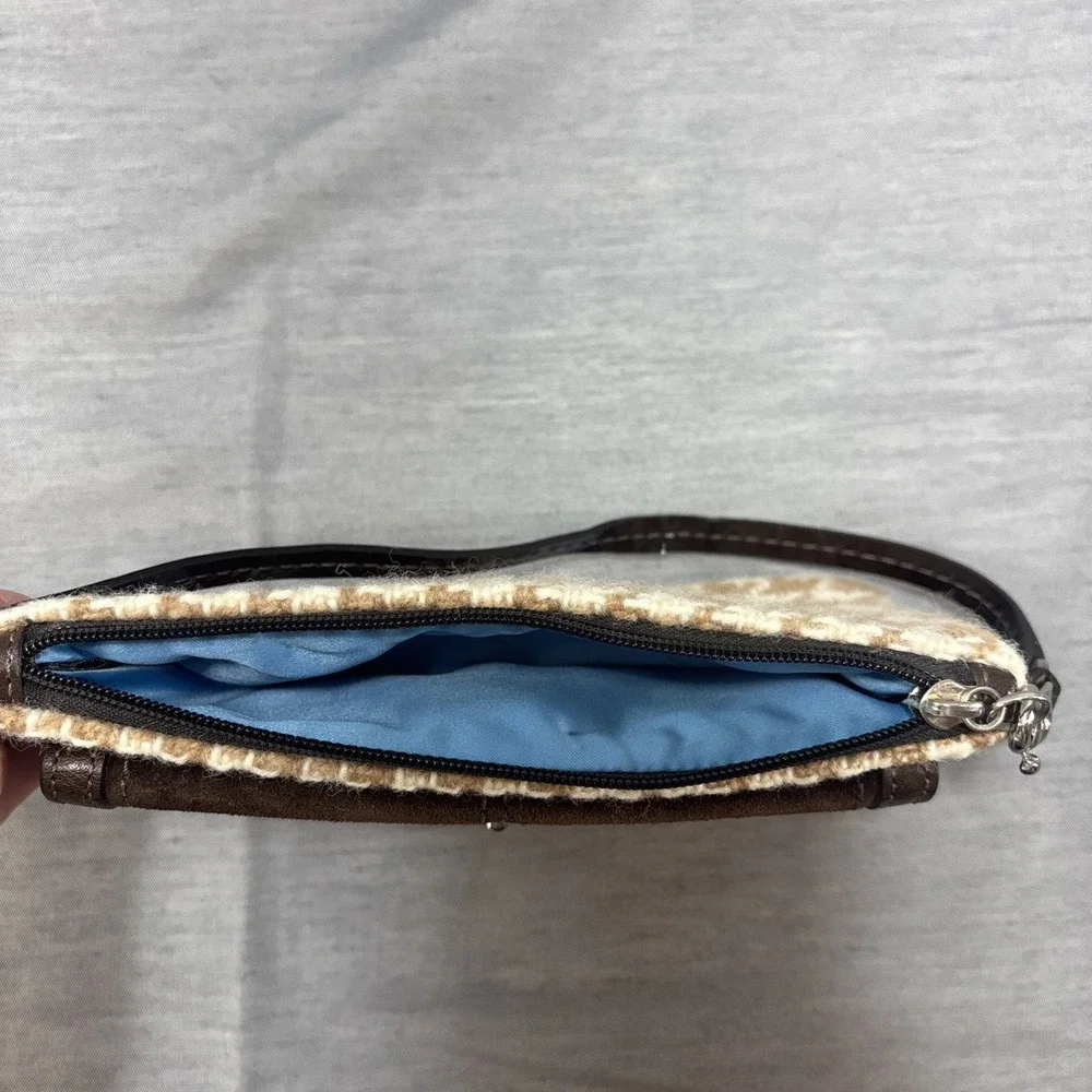 Coach Houndstooth Wool & Suede Tweed Turn Lock Wristlet Tan Brown